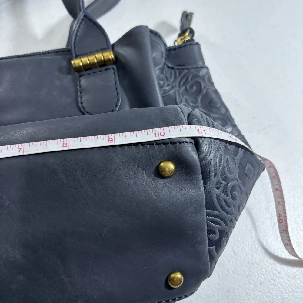 The Sak Serena Leather Handbag Navy Blue Tobacco Souk Floral Embossed